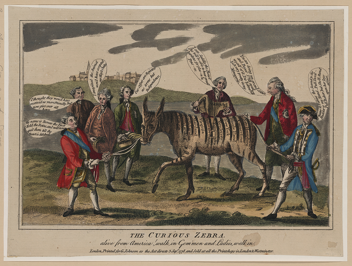 Cartoon of George Washington and Lord North with a zebra representing the U.S. colonies