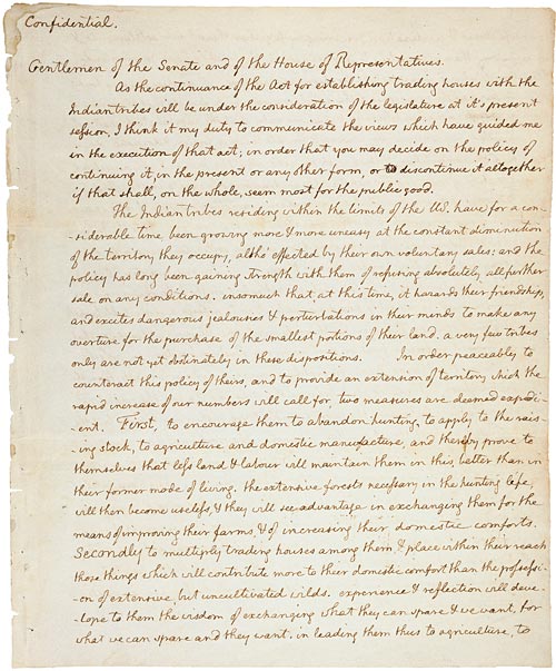 Letter written by Thomas Jefferson to Congress asking for approval of the Lewis and Clark expedition.